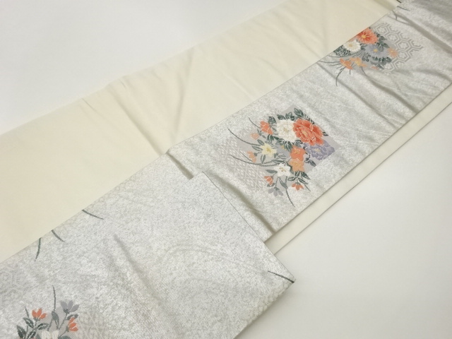  引箔流水に色紙・古典柄・花葉模様織出し名古屋帯